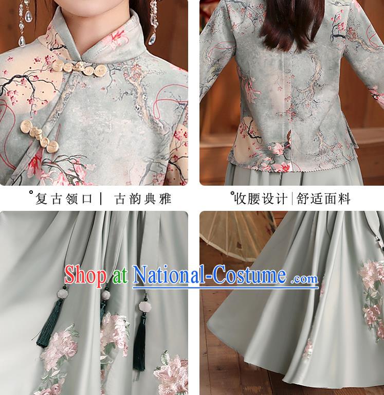 Chinese Traditional Tang Suit Hanfu Dress Ancient Girl Costumes Printing Blue Blouse and Skirt Apparels for Kids