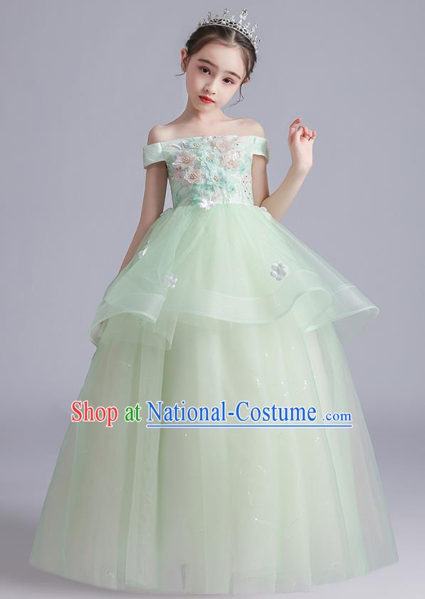 Top Grade Girls Stage Show Green Dress Children Birthday Costume Baby Compere Off Shoulder Full Dress