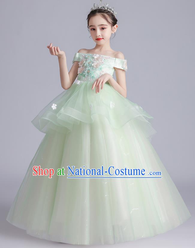 Top Grade Girls Stage Show Green Dress Children Birthday Costume Baby Compere Off Shoulder Full Dress