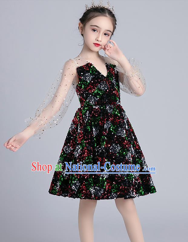 Top Grade Girls Stage Show Black Short Dress Children Birthday Costume Baby Compere Paillette Full Dress