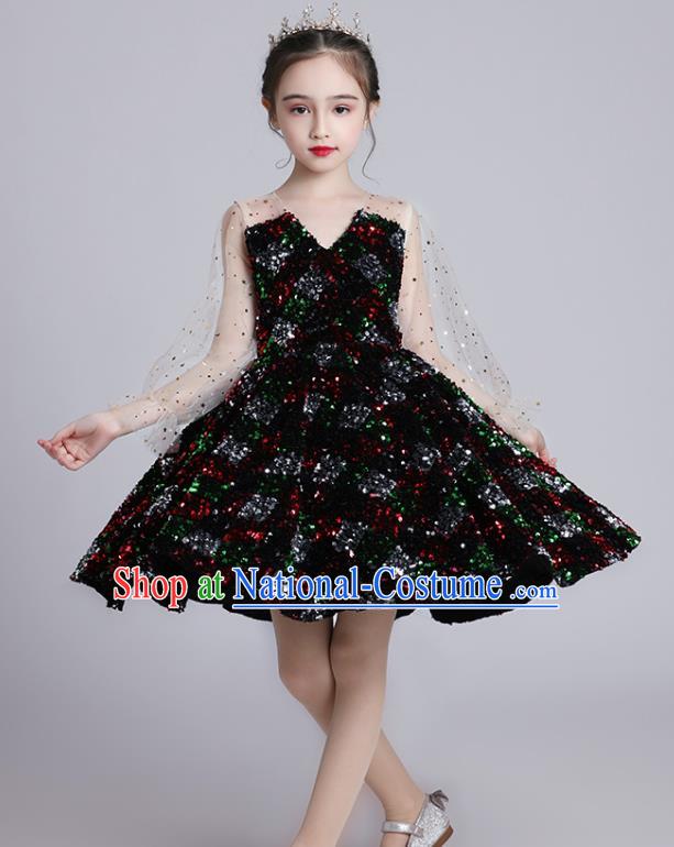 Top Grade Girls Stage Show Black Short Dress Children Birthday Costume Baby Compere Paillette Full Dress