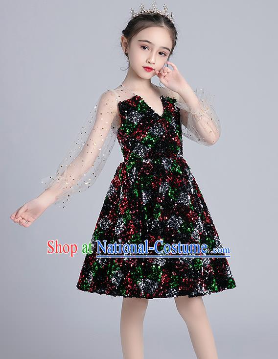 Top Grade Girls Stage Show Black Short Dress Children Birthday Costume Baby Compere Paillette Full Dress