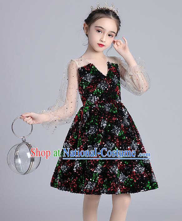 Top Grade Girls Stage Show Black Short Dress Children Birthday Costume Baby Compere Paillette Full Dress