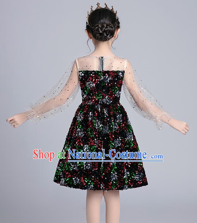 Top Grade Girls Stage Show Black Short Dress Children Birthday Costume Baby Compere Paillette Full Dress