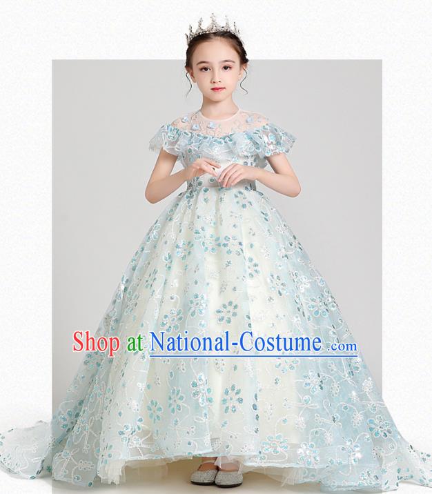 Top Grade Girls Stage Show Blue Dress Children Birthday Costume Baby Princess Trailing Full Dress