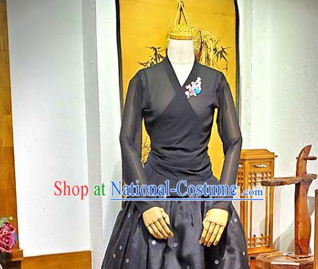 Korean Traditional Dance Black Veil Blouse and Skirt Korea Fashion National Dance Costumes Hanbok Apparels