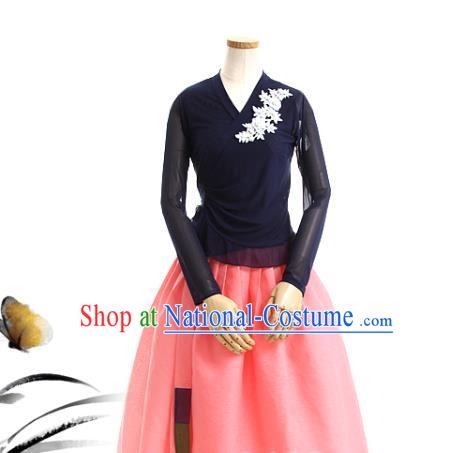 Korean Traditional Navy Veil Blouse and Pink Skirt Korea Fashion National Dance Costumes Hanbok Apparels