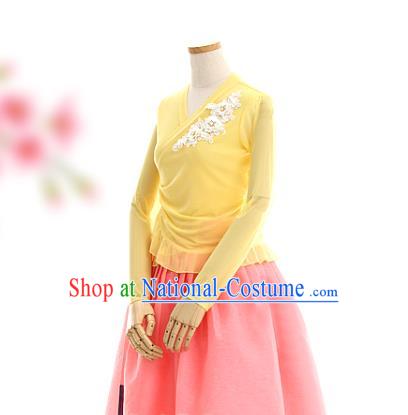 Korean Traditional Yellow Veil Blouse and Pink Skirt Korea Fashion National Dance Costumes Hanbok Apparels