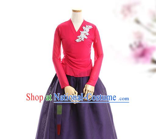 Korean Woman Traditional Rosy Veil Blouse and Purple Skirt Korea Dance Fashion National Costumes Hanbok Apparels