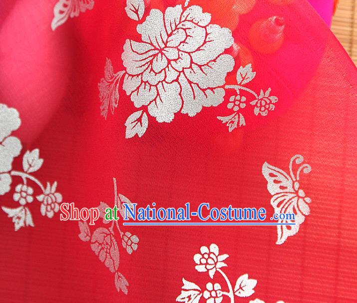 Asian Korea Classical Peony Pattern Red Silk Fabric Korean Traditional Fashion Drapery Hanbok Material