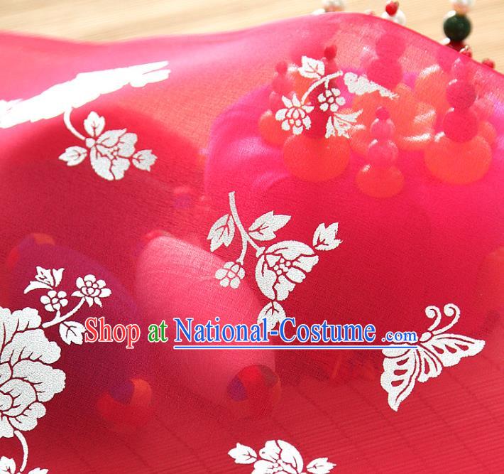 Asian Korea Classical Peony Pattern Red Silk Fabric Korean Traditional Fashion Drapery Hanbok Material