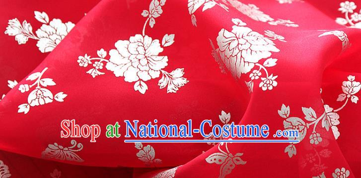 Asian Korea Classical Peony Pattern Red Silk Fabric Korean Traditional Fashion Drapery Hanbok Material