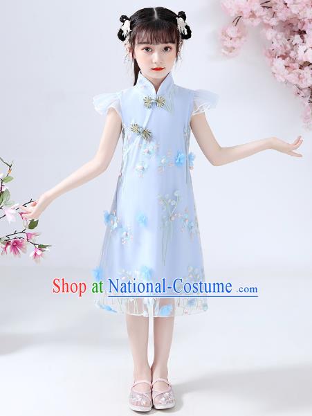 Chinese Traditional Tang Suit Blue Qipao Dress Ancient Girl Costumes Stage Show Cheongsam Apparels for Kids