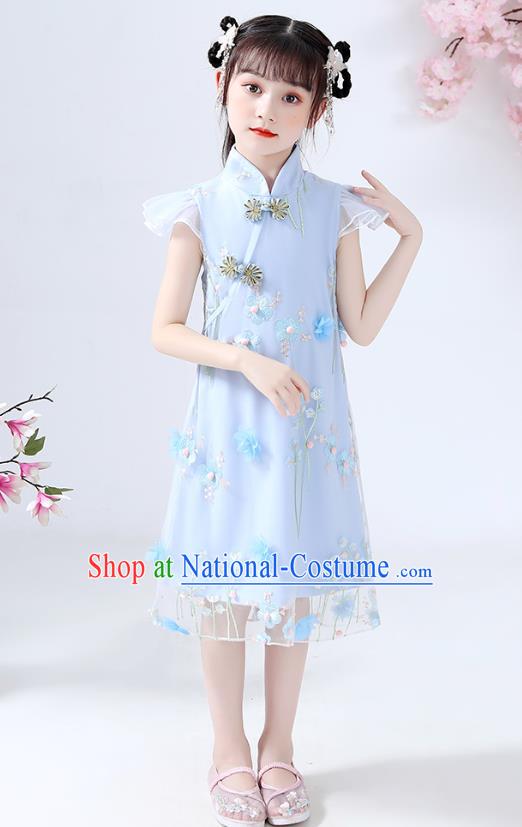 Chinese Traditional Tang Suit Blue Qipao Dress Ancient Girl Costumes Stage Show Cheongsam Apparels for Kids