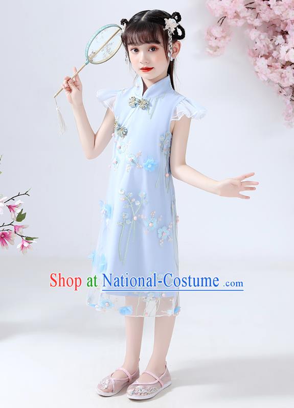 Chinese Traditional Tang Suit Blue Qipao Dress Ancient Girl Costumes Stage Show Cheongsam Apparels for Kids