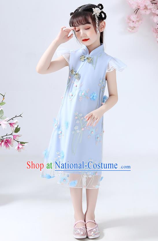 Chinese Traditional Tang Suit Blue Qipao Dress Ancient Girl Costumes Stage Show Cheongsam Apparels for Kids