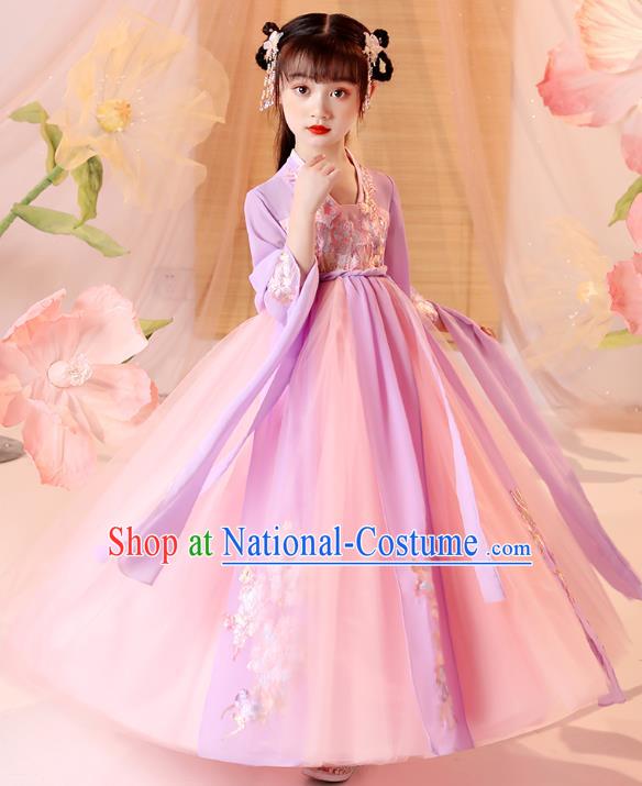 Chinese Traditional Tang Suit Lilac Hanfu Dress Ancient Song Dynasty Girl Costumes Stage Show Apparels for Kids