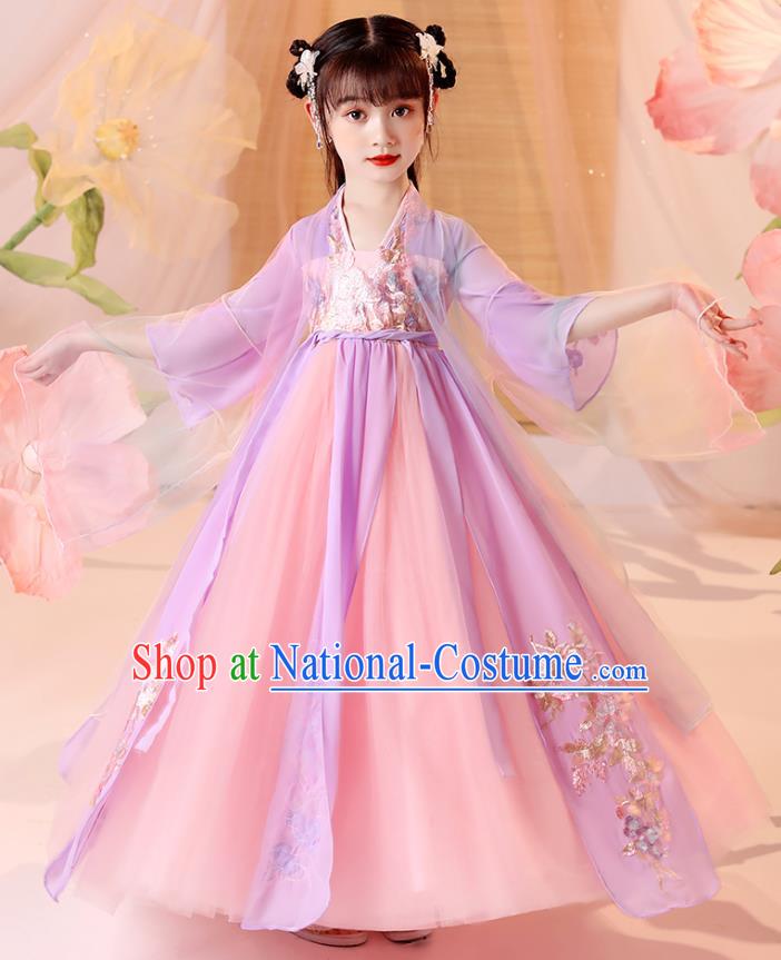 Chinese Traditional Tang Suit Lilac Hanfu Dress Ancient Song Dynasty Girl Costumes Stage Show Apparels for Kids