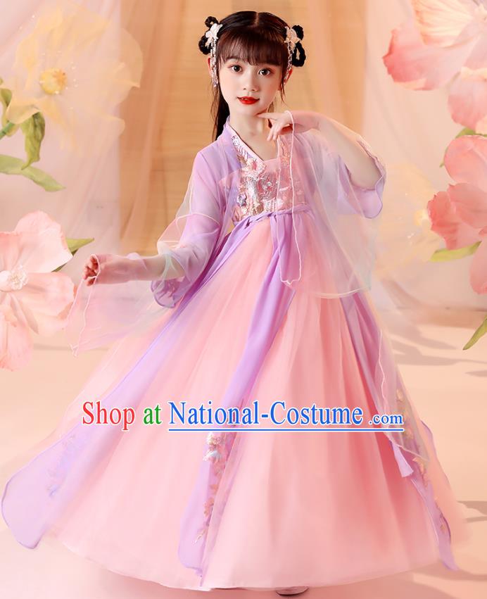 Chinese Traditional Tang Suit Lilac Hanfu Dress Ancient Song Dynasty Girl Costumes Stage Show Apparels for Kids