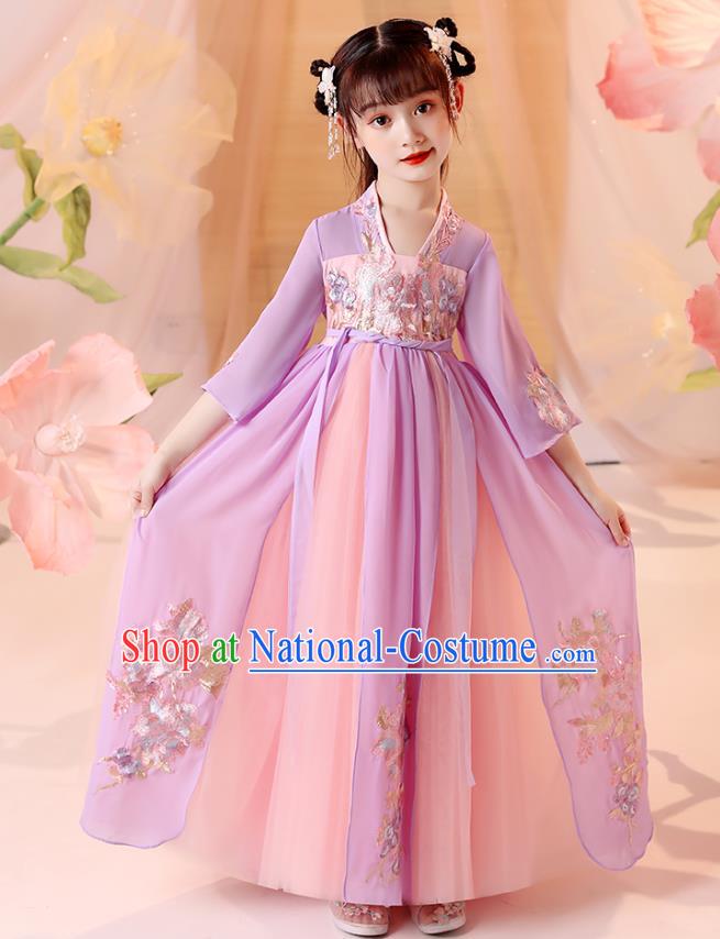 Chinese Traditional Tang Suit Lilac Hanfu Dress Ancient Song Dynasty Girl Costumes Stage Show Apparels for Kids