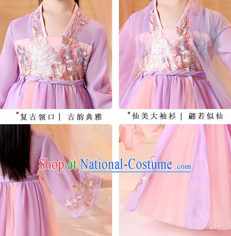 Chinese Traditional Tang Suit Lilac Hanfu Dress Ancient Song Dynasty Girl Costumes Stage Show Apparels for Kids