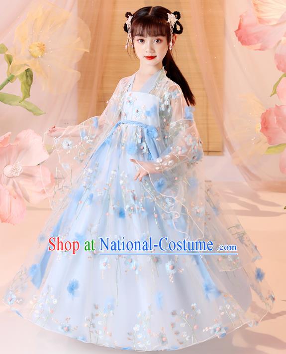 Chinese Traditional Blue Hanfu Dress Ancient Song Dynasty Girl Costumes Stage Show Apparels for Kids