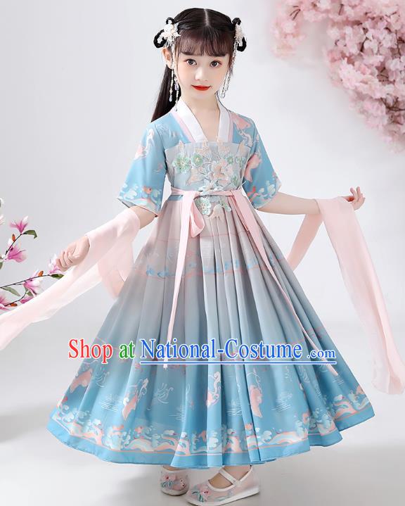 Chinese Traditional Song Dynasty Embroidered Hanfu Dress Ancient Girl Costumes Stage Show Apparels Blue Cloak Blouse and Skirt for Kids