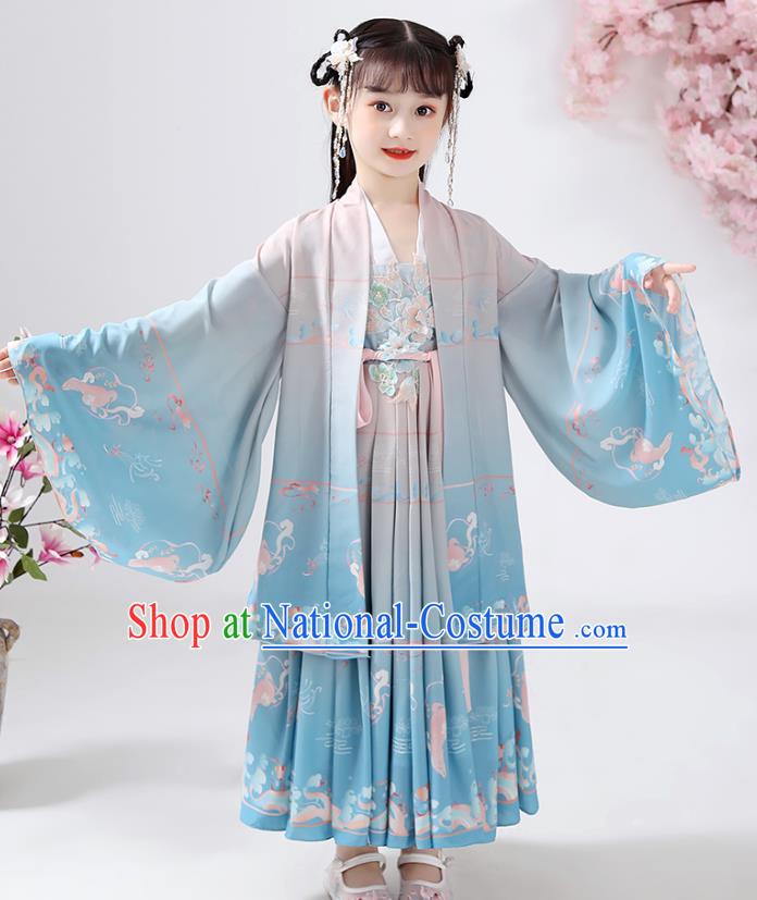 Chinese Traditional Song Dynasty Embroidered Hanfu Dress Ancient Girl Costumes Stage Show Apparels Blue Cloak Blouse and Skirt for Kids