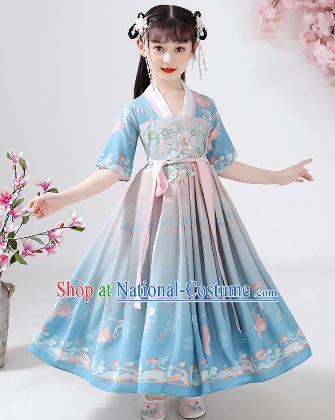 Chinese Traditional Song Dynasty Embroidered Hanfu Dress Ancient Girl Costumes Stage Show Apparels Blue Cloak Blouse and Skirt for Kids