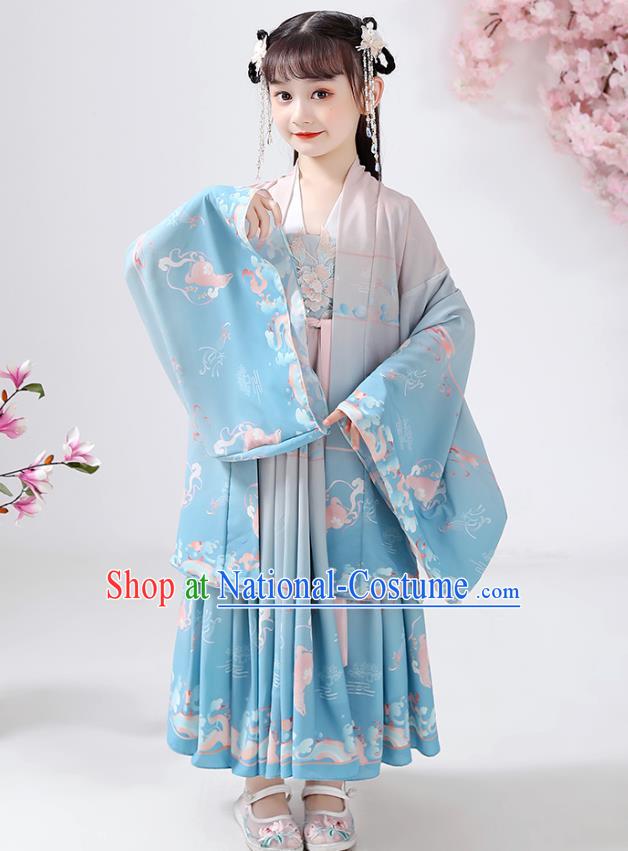 Chinese Traditional Song Dynasty Embroidered Hanfu Dress Ancient Girl Costumes Stage Show Apparels Blue Cloak Blouse and Skirt for Kids