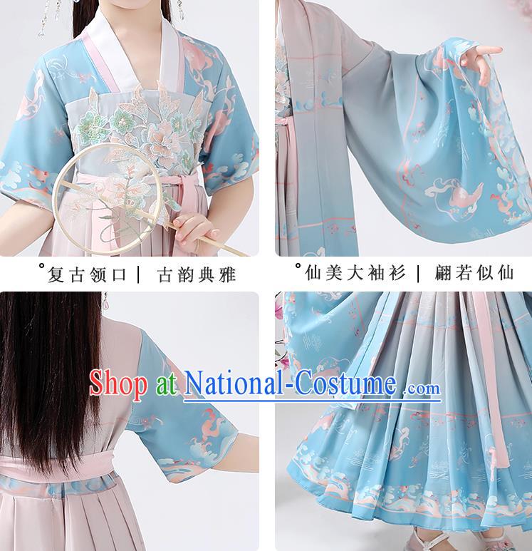 Chinese Traditional Song Dynasty Embroidered Hanfu Dress Ancient Girl Costumes Stage Show Apparels Blue Cloak Blouse and Skirt for Kids