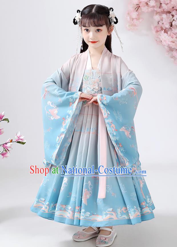 Chinese Traditional Song Dynasty Embroidered Hanfu Dress Ancient Girl Costumes Stage Show Apparels Blue Cloak Blouse and Skirt for Kids