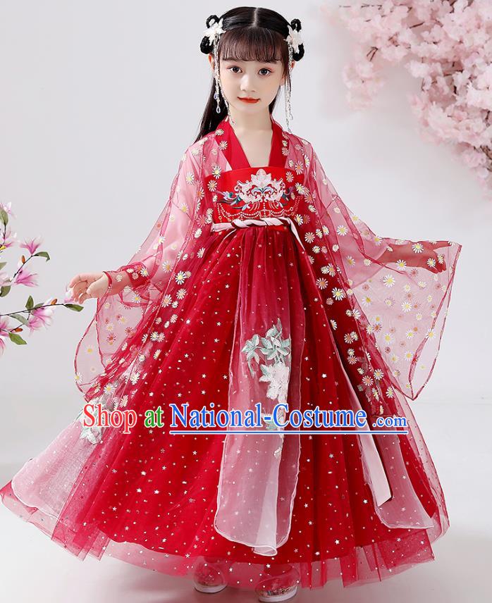 Chinese Traditional Tang Dynasty Hanfu Dress Ancient Girl Costumes Stage Show Apparels Red Cape Blouse and Slip Dress for Kids