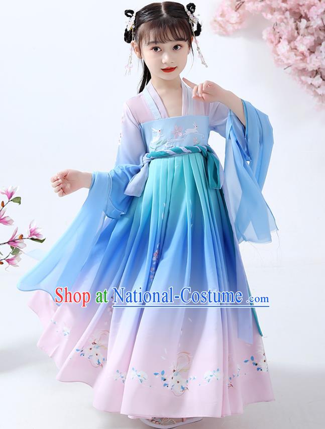 Chinese Traditional Song Dynasty Girl Hanfu Dress Ancient Children Costumes Stage Show Apparels Blue Cape Blouse and Skirt for Kids