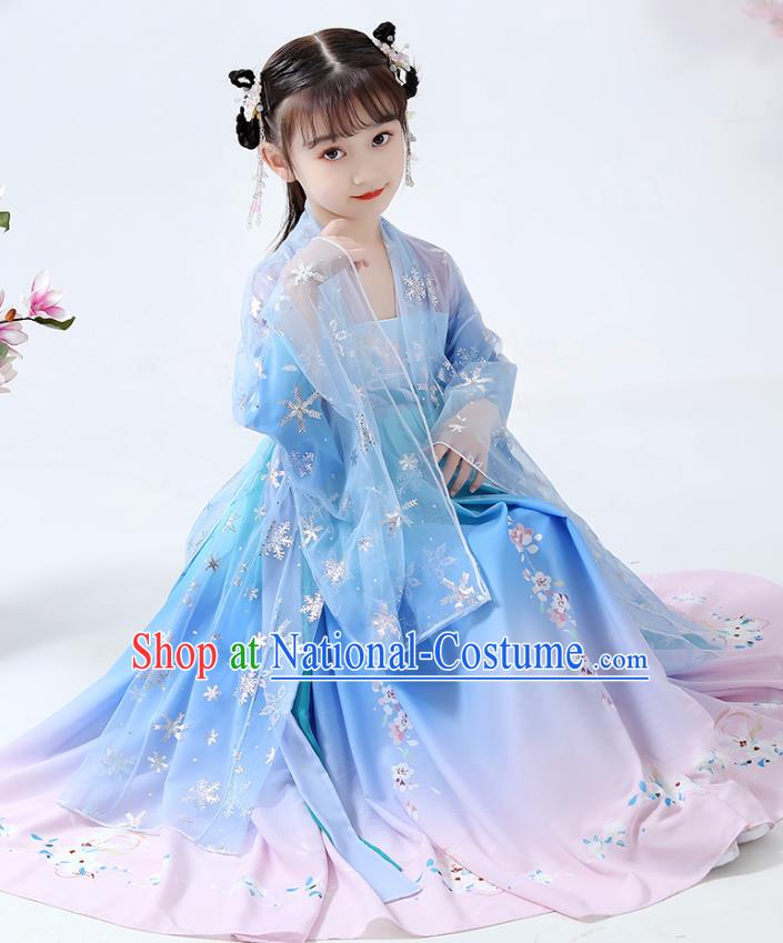 Chinese Traditional Song Dynasty Girl Hanfu Dress Ancient Children Costumes Stage Show Apparels Blue Cape Blouse and Skirt for Kids