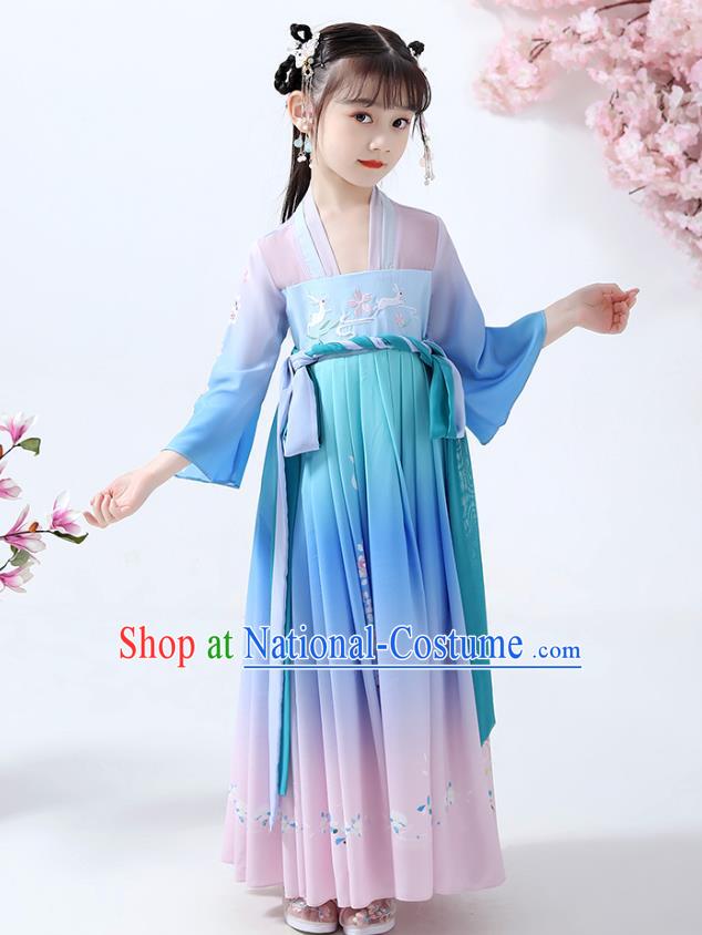 Chinese Traditional Song Dynasty Girl Hanfu Dress Ancient Children Costumes Stage Show Apparels Blue Cape Blouse and Skirt for Kids