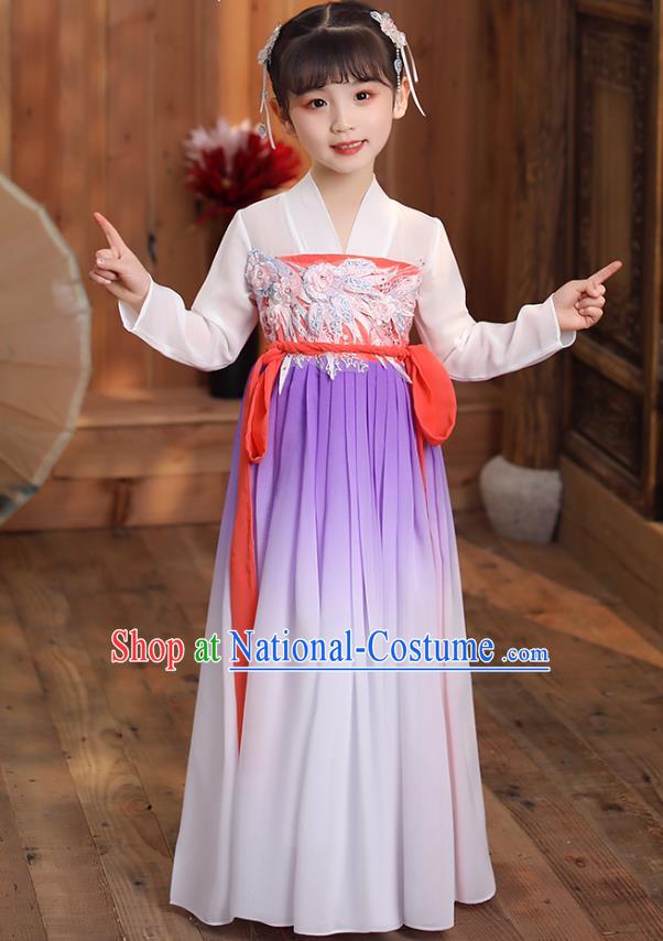 Chinese Traditional Hanfu Dress Apparels Ancient Princess Costumes Stage Show Girl White Cloak Blouse and Lilac Skirt for Kids