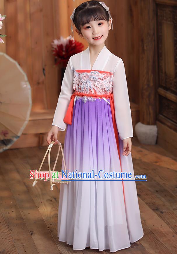 Chinese Traditional Hanfu Dress Apparels Ancient Princess Costumes Stage Show Girl White Cloak Blouse and Lilac Skirt for Kids