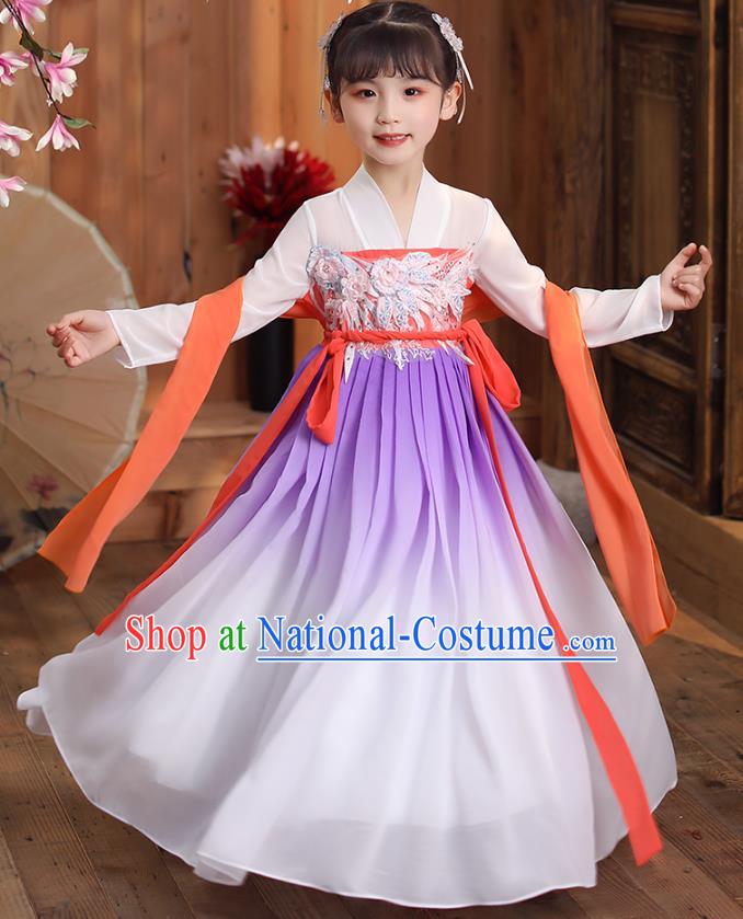 Chinese Traditional Hanfu Dress Apparels Ancient Princess Costumes Stage Show Girl White Cloak Blouse and Lilac Skirt for Kids