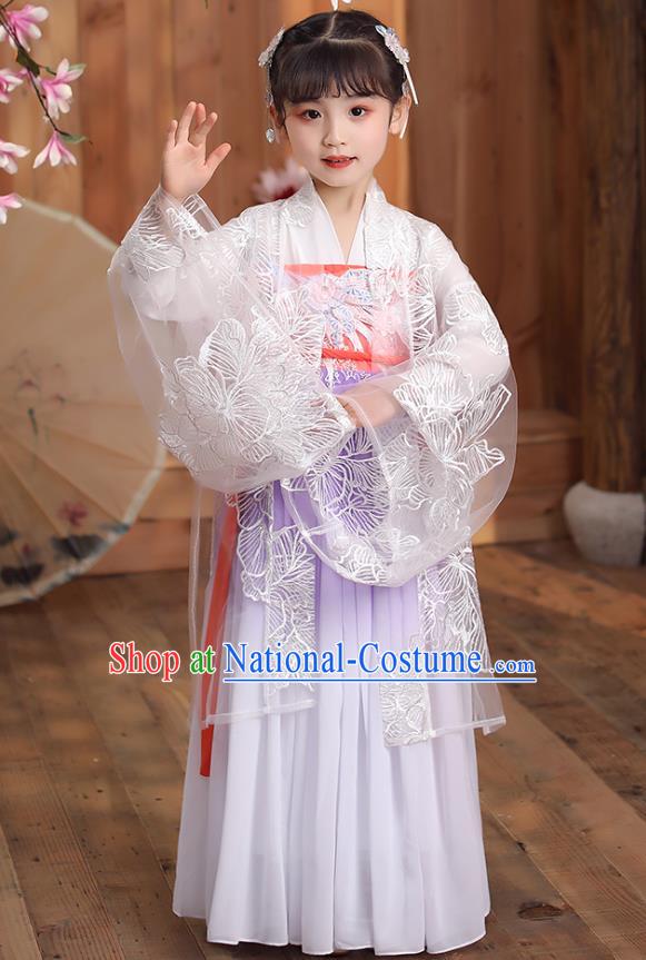 Chinese Traditional Hanfu Dress Apparels Ancient Princess Costumes Stage Show Girl White Cloak Blouse and Lilac Skirt for Kids