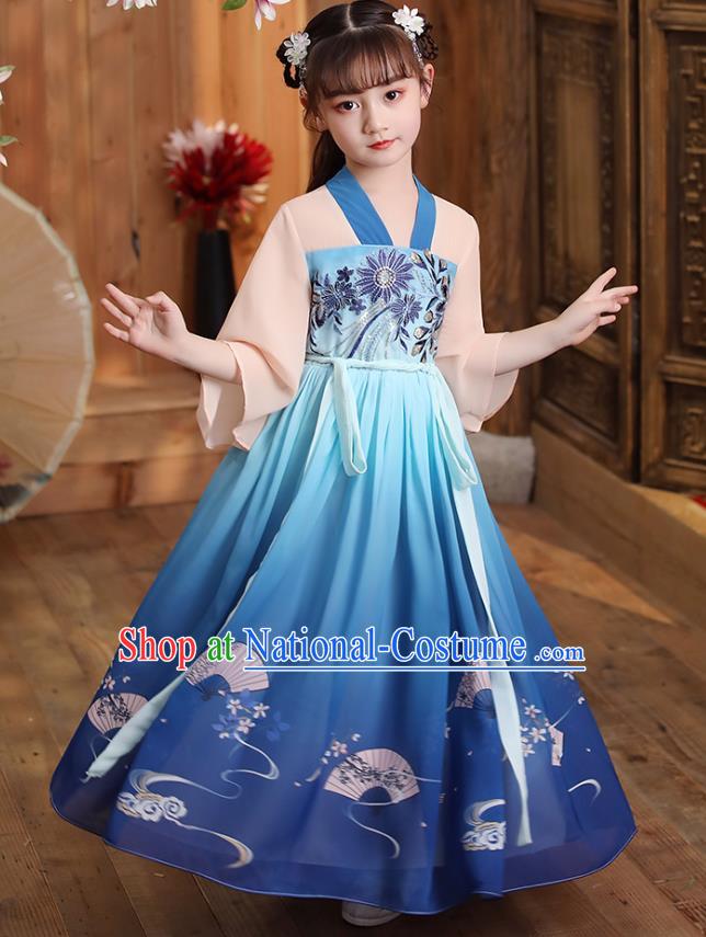 Chinese Traditional Deep Blue Hanfu Dress Apparels Ancient Princess Costumes Stage Show Girl Cape Blouse and Skirt for Kids