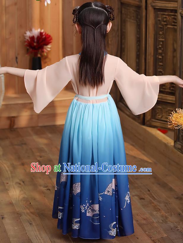 Chinese Traditional Deep Blue Hanfu Dress Apparels Ancient Princess Costumes Stage Show Girl Cape Blouse and Skirt for Kids