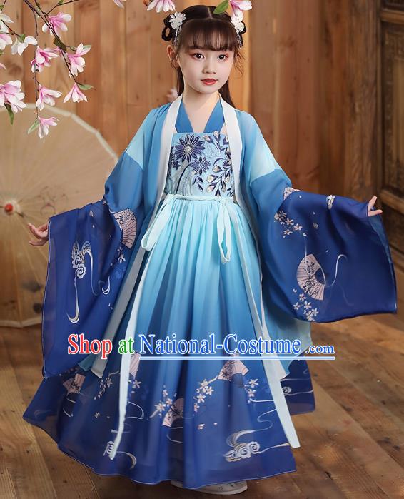 Chinese Traditional Deep Blue Hanfu Dress Apparels Ancient Princess Costumes Stage Show Girl Cape Blouse and Skirt for Kids