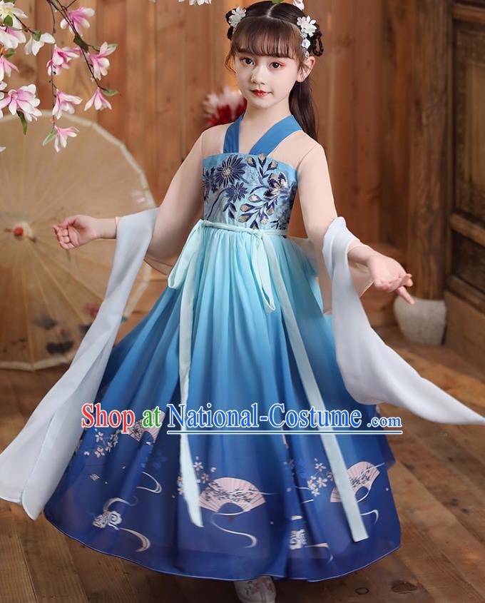 Chinese Traditional Deep Blue Hanfu Dress Apparels Ancient Princess Costumes Stage Show Girl Cape Blouse and Skirt for Kids