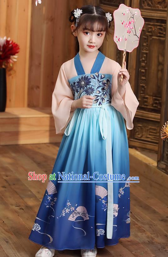 Chinese Traditional Deep Blue Hanfu Dress Apparels Ancient Princess Costumes Stage Show Girl Cape Blouse and Skirt for Kids