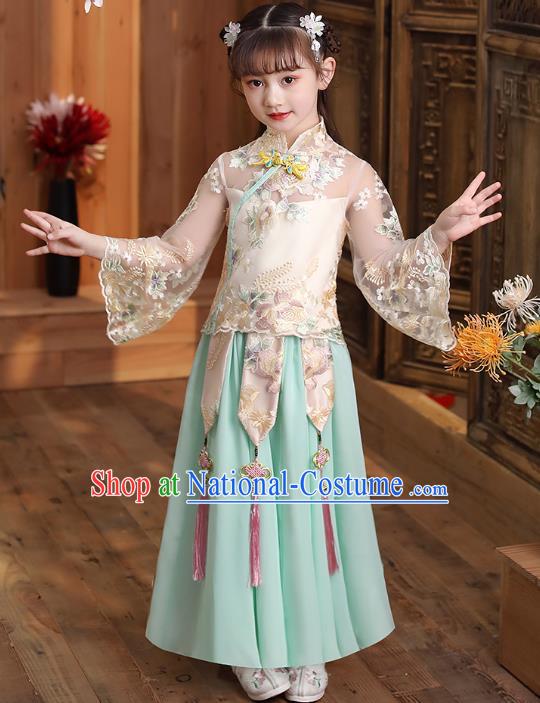 Chinese Traditional Tang Suit Qipao Blouse and Light Green Skirt Apparels Ancient Girl Costumes Stage Show Cheongsam Dress for Kids