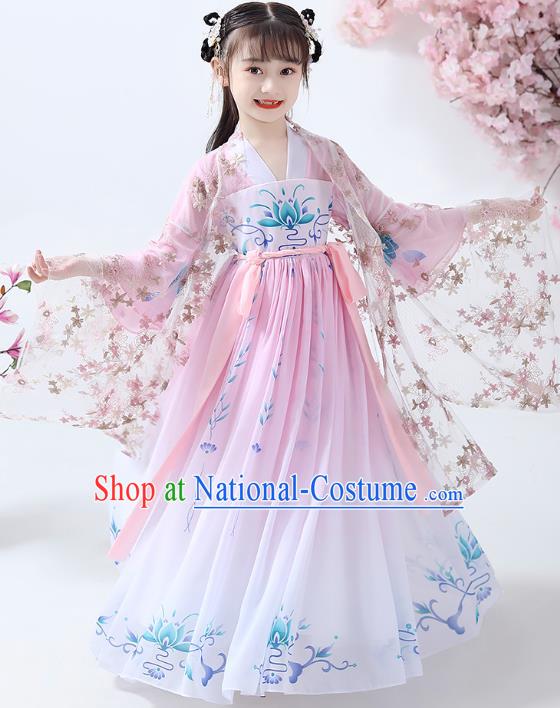 Chinese Traditional Tang Dynasty Girl Pink Hanfu Dress Ancient Princess Costumes Stage Show Apparels Flowers Cape Blouse and Skirt for Kids