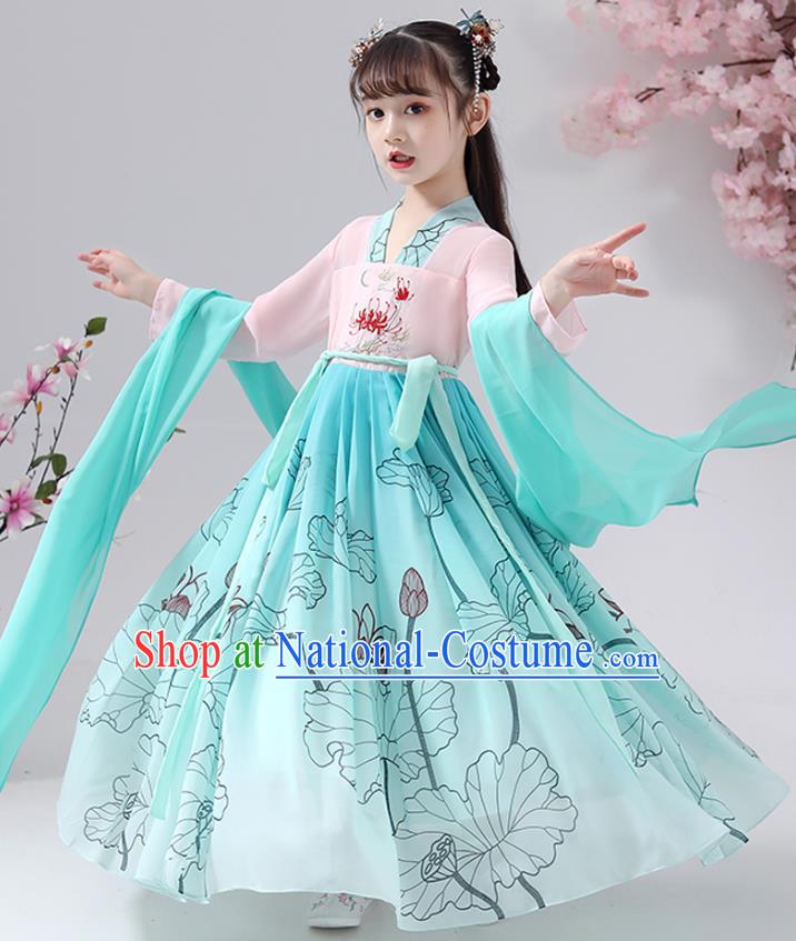 Chinese Traditional Song Dynasty Hanfu Dress Apparels Ancient Princess Costumes Stage Show Girl Blue Cape Blouse and Skirt for Kids