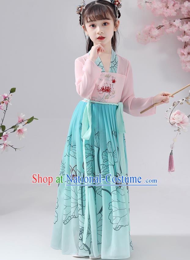 Chinese Traditional Song Dynasty Hanfu Dress Apparels Ancient Princess Costumes Stage Show Girl Blue Cape Blouse and Skirt for Kids