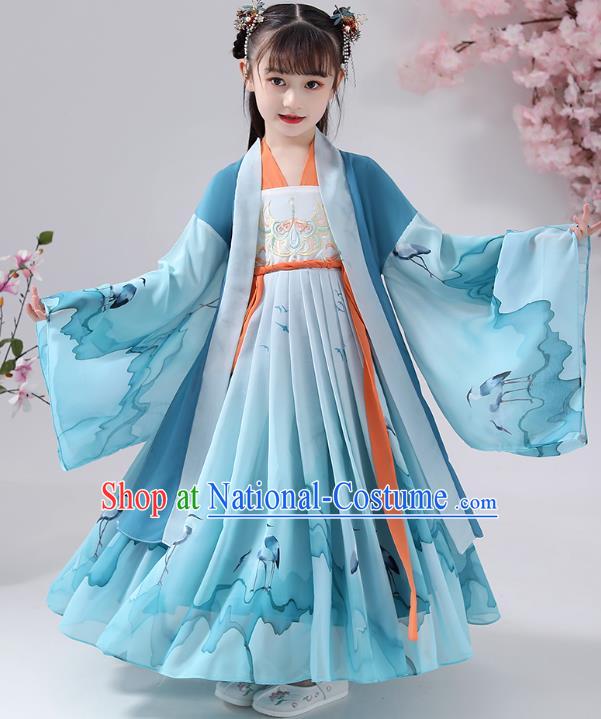 Chinese Traditional Blue Chiffon Hanfu Dress Apparels Ancient Princess Costumes Stage Show Girl Cape Blouse and Skirt for Kids